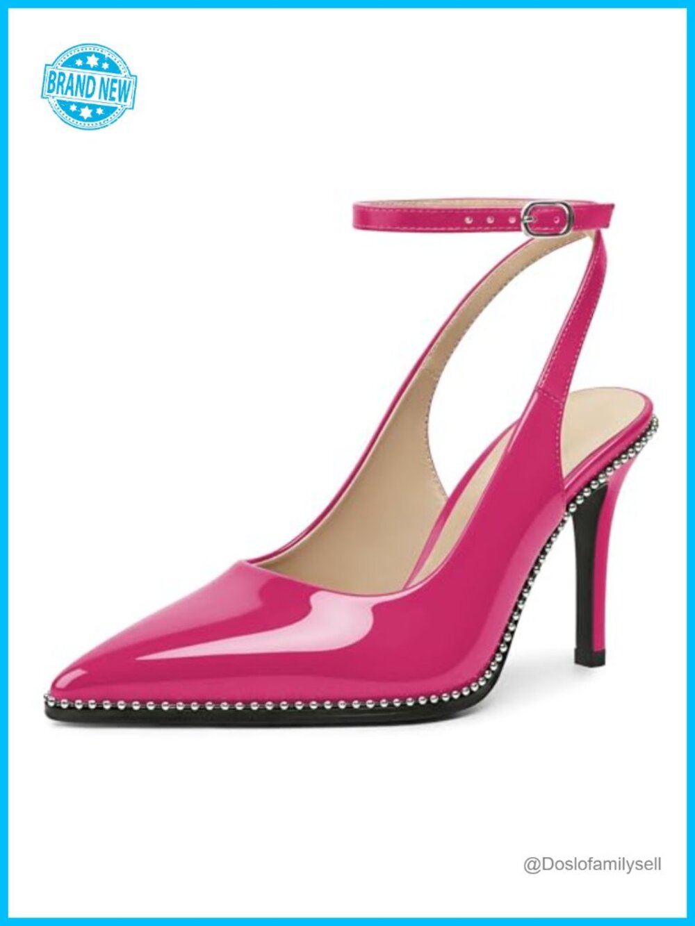 Slingback Heels Ankle Strap Pointed Toe Stiletto Beaded Pumps Dress Shoes